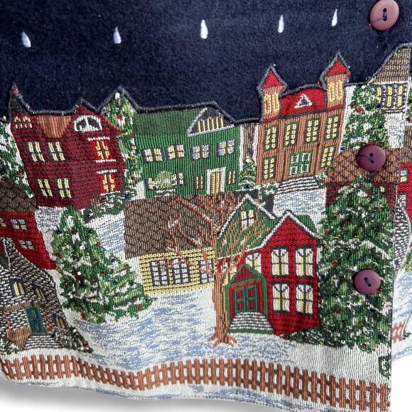 Snow Village Holiday Embroidered Christmas Vest With Button Closure & Collar - Picture 2 of 7